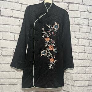 Zara Floral Embroidered Jacquard Kimono Style Black Dress Size XS